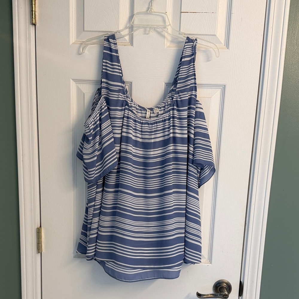 Cato Blue and White Striped Cold-Shoulder Blouse